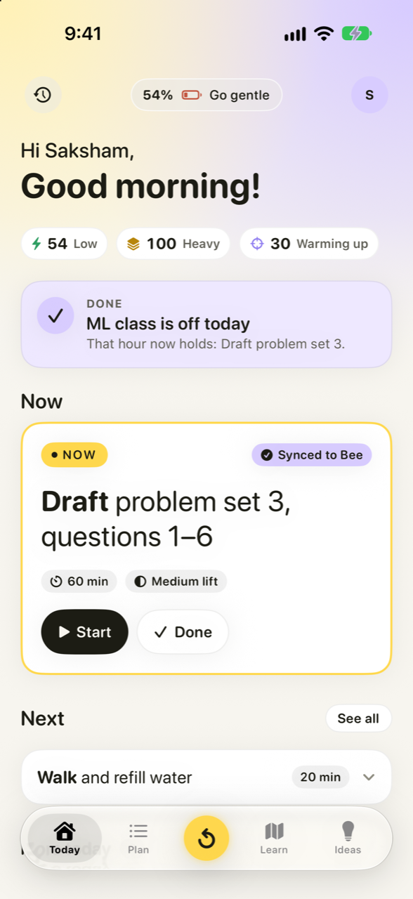 Today screen: ML class is off today; the hour now holds the problem set
