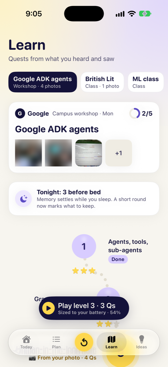 Learn tab with a quest built from a campus workshop Bee recorded
