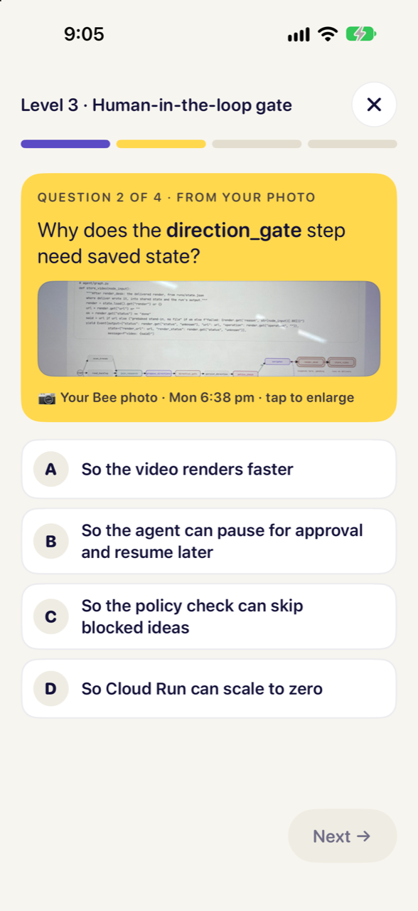 A quiz question built on the student's own Bee slide photo