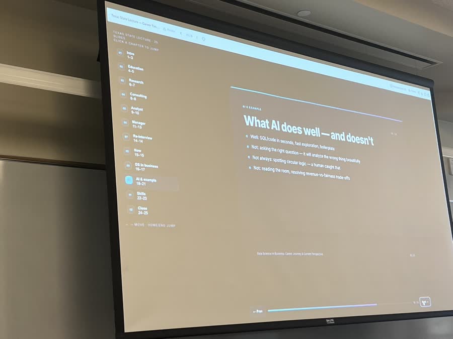 Bee photo of a projected slide: What AI does well, and doesn't