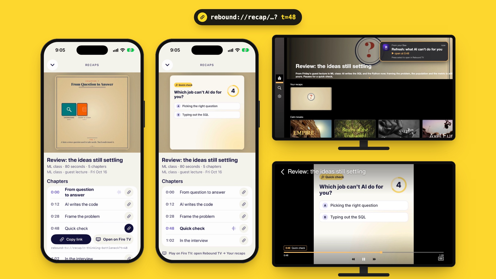 One deep link, rebound://recap/…?t=48, opens the same quick check at 0:48 on the iPhone and on Fire TV, from the chapter list, a copied link or a reminder from Bee